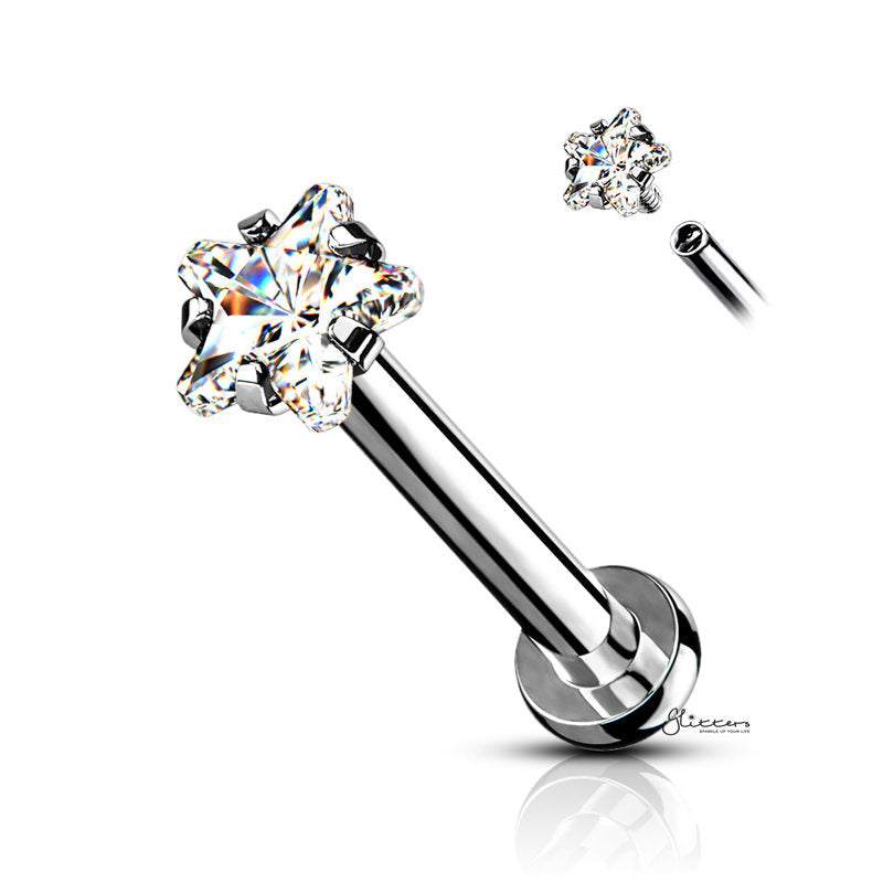 Star CZ Prong Set Top Internally Threaded Flat Back Stud-Body Piercing Jewellery, Cartilage, Cubic Zirconia, Labret, Monroe, Tragus-LB0013-1_31649044-5df0-405c-91b2-3f9f71d80d40-Glitters