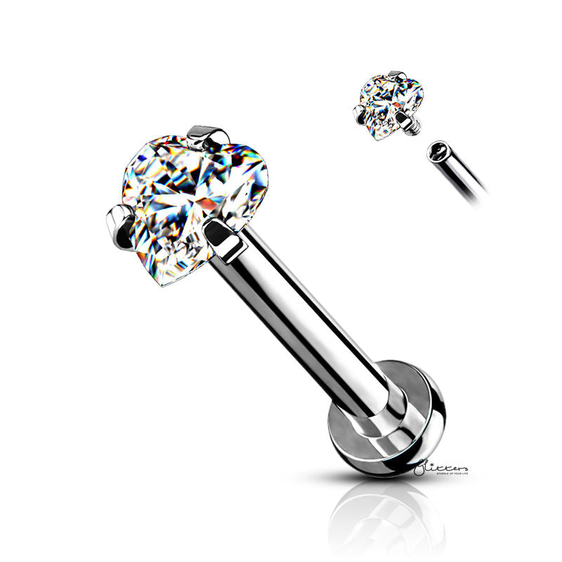 Heart CZ Prong Set Top Internally Threaded Flat Back Stud-Body Piercing Jewellery, Cartilage, Cubic Zirconia, Labret, Monroe, Tragus-LB0014-1-Glitters