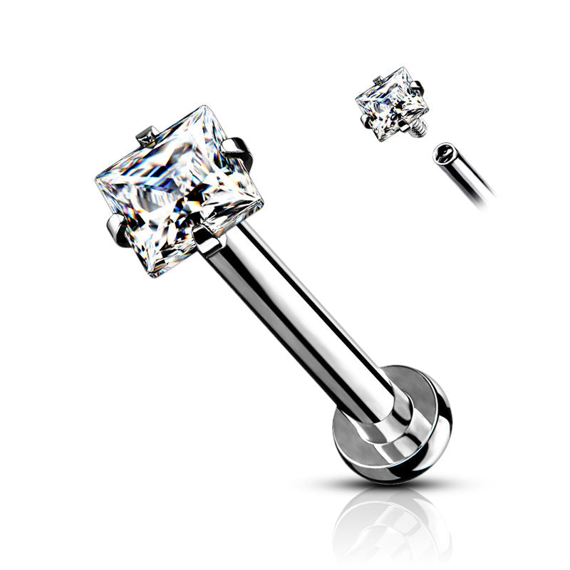 Square CZ Prong Set Top Internally Threaded Flat Back Stud-Body Piercing Jewellery, Cartilage, Cubic Zirconia, Labret, Monroe, Tragus-LB0015-C-Glitters