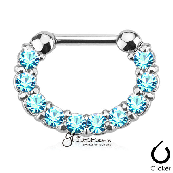 316L Surgical Steel Single Line Paved Gem Septum Clicker-Aqua-Body Piercing Jewellery, Cubic Zirconia, Nose, Septum Ring-MS10-Q-4-Glitters