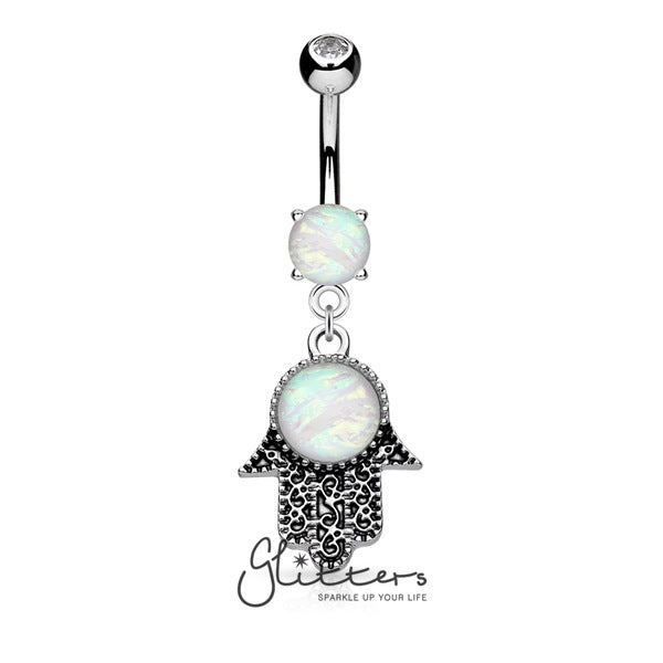 Opal Glitter Set Hamsa Dangle Surgical Steel Belly Button Navel Ring-Belly Ring, Body Piercing Jewellery, Cubic Zirconia-N181112-Glitters