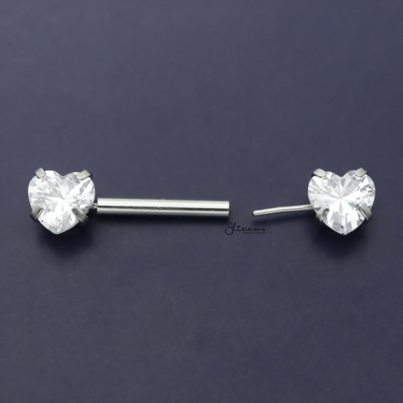Heart CZ Ends Push in Nipple Barbell - Clear-Body Piercing Jewellery, Cubic Zirconia, Nipple Barbell-2_800-Glitters