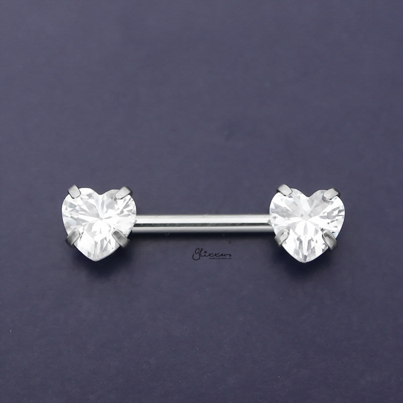 Heart CZ Ends Push in Nipple Barbell - Clear-Body Piercing Jewellery, Cubic Zirconia, Nipple Barbell-NB0026-C_800-Glitters