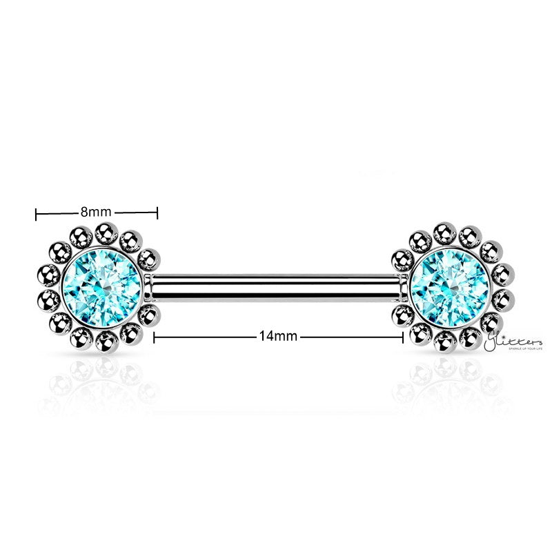 CZ and Beaded Ball Edge Push in Nipple Barbell - Aqua-Body Piercing Jewellery, Cubic Zirconia, Nipple Barbell-NB0032-Q1_New-Glitters