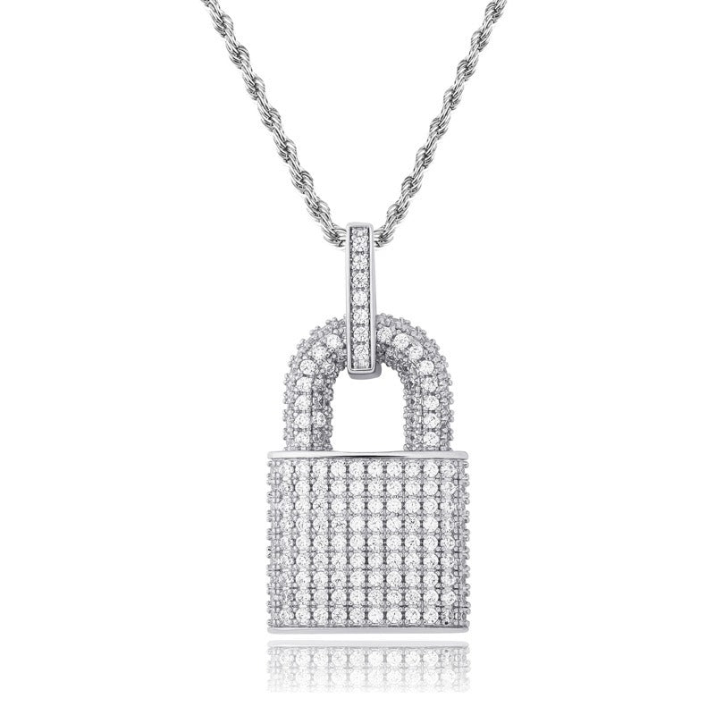 Iced Out Lock Pendant - Silver-Hip Hop, Hip Hop Pendant, Iced Out, Men's Necklace, Necklaces, Pendants-NK1064-SC-800-Glitters