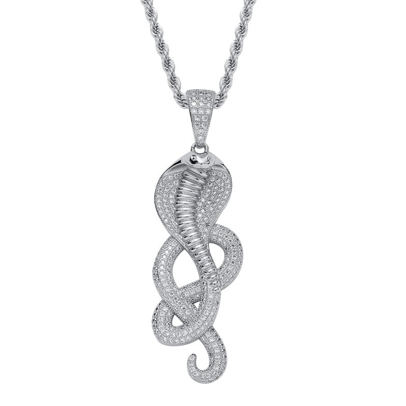 Iced Out Cobra Pendant - Silver-Hip Hop, Hip Hop Pendant, Iced Out, Men's Necklace, Necklaces, Pendants-NK1071-S-800-Glitters