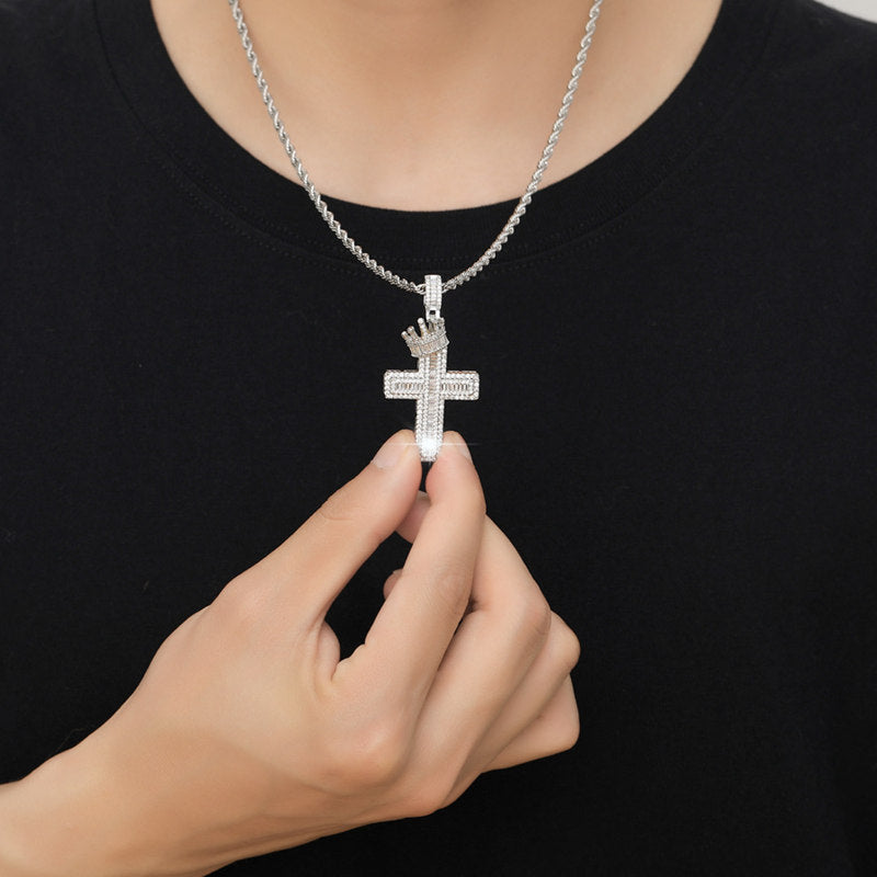 Iced Out Cross with Crown Pendant - Gold-Hip Hop, Hip Hop Pendant, Iced Out, Men's Necklace, Necklaces, Pendants-NK1076M_04e5fe1e-3eb5-4a8f-ac33-8c78127ffae5-Glitters