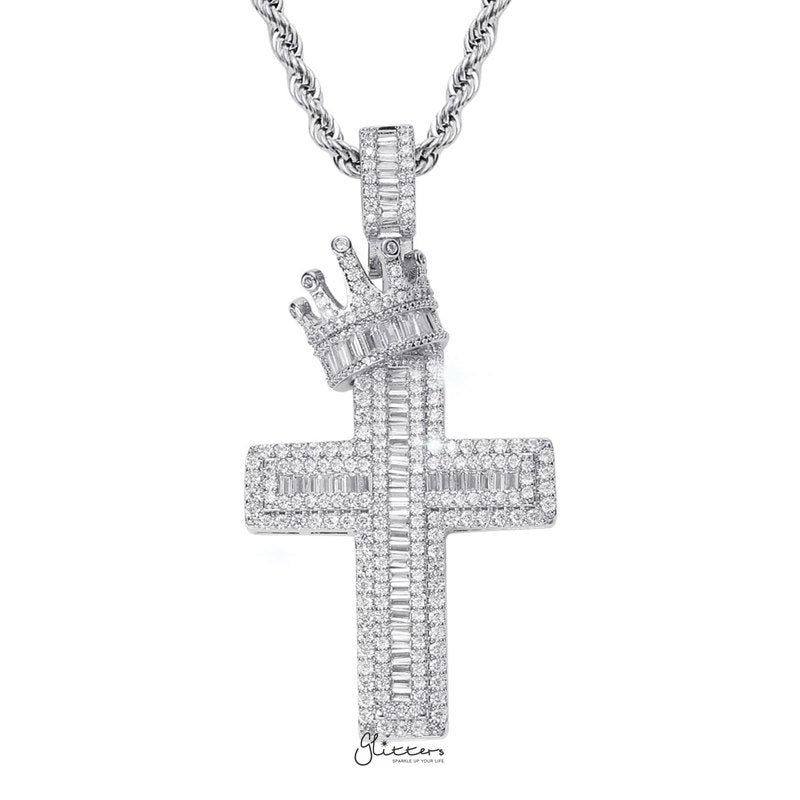 Cross with Crown Pendant Silver Hip Hop Pendant Glitters