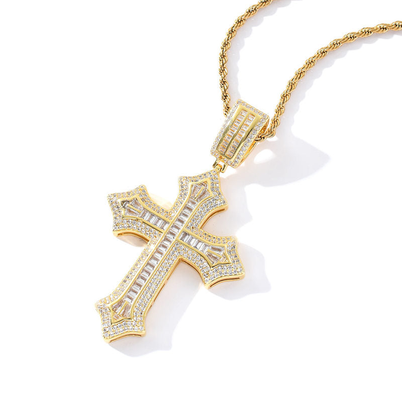Iced Out Baguette Cut CZ Cross Pendant - Gold-Hip Hop, Hip Hop Pendant, Iced Out, Men's Necklace, Necklaces, Pendants-NK1086G2-Glitters