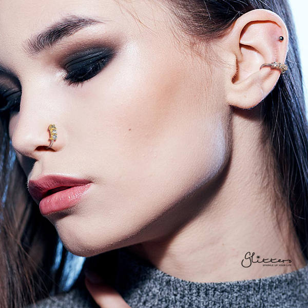 20 Gauge Surgical Steel Bendable Hoop Ring with 3 Lined CZ-Body Piercing Jewellery, Cubic Zirconia, Nose Piercing, Nose Piercing Jewellery, Nose Ring-NS0073-M-Glitters