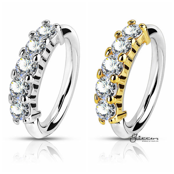 20 Gauge Surgical Steel Bendable Hoop Ring with 5 Lined CZ-Body Piercing Jewellery, Cubic Zirconia, Nose Piercing, Nose Piercing Jewellery, Nose Ring-NS0074-ALL-Glitters