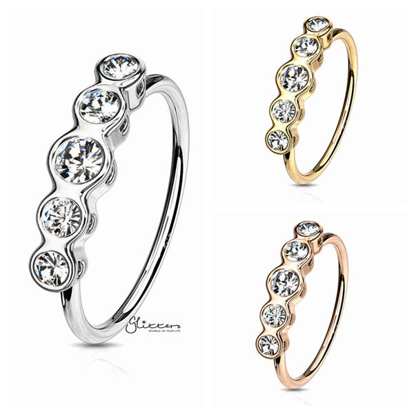 20GA Surgical Steel Bendable Nose Hoop Rings with Five Round CZ Bezel Set Top-Body Piercing Jewellery, Cubic Zirconia, Nose Piercing, Nose Piercing Jewellery, Nose Ring-NS0100-ALL-Glitters