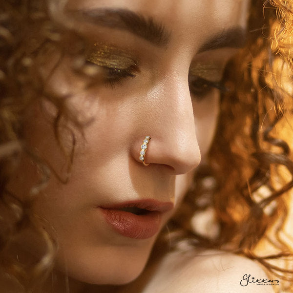 20GA Surgical Steel Bendable Nose Hoop Rings with Five Round CZ Bezel Set Top-Body Piercing Jewellery, Cubic Zirconia, Nose Piercing, Nose Piercing Jewellery, Nose Ring-NS0100-M-Glitters