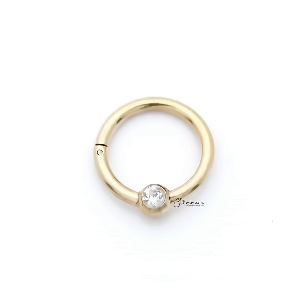 Surgical Steel Hinged Segment Hoop Ring with Clear Gem Ball - Gold-Body Piercing Jewellery, Cartilage, Crystal, Daith, Nose, Septum Ring-NS0103-g_1-Glitters