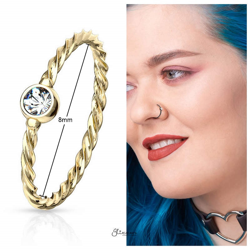 Crystal Set Twisted Rope Bendable Hoop Nose Ring - Gold-Body Piercing Jewellery, Cubic Zirconia, Nose Piercing Jewellery, Nose Ring, Nose Studs, Tragus-1_New-Glitters