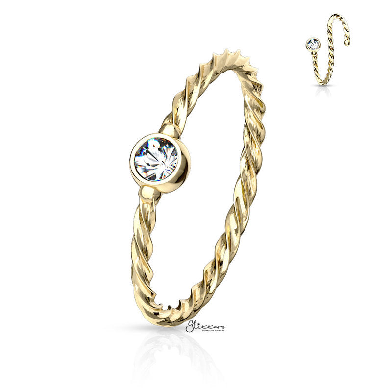 Crystal Set Twisted Rope Bendable Hoop Nose Ring - Gold-Body Piercing Jewellery, Cubic Zirconia, Nose Piercing Jewellery, Nose Ring, Nose Studs, Tragus-NS0112-G-Glitters