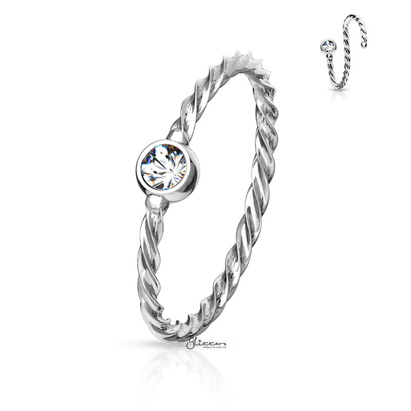 Crystal Set Twisted Rope Bendable Hoop Nose Ring - Silver-Body Piercing Jewellery, Cubic Zirconia, Nose Piercing Jewellery, Nose Ring, Nose Studs, Tragus-NS0112-S-Glitters