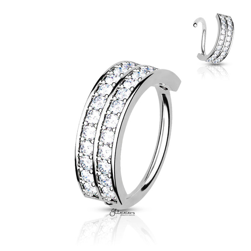 Embedded C.Z Double Lined Half Circle Bendable Hoop Ring - Silver-Body Piercing Jewellery, Conch Earrings, Cubic Zirconia, Nose Piercing Jewellery, Nose Ring, Nose Studs, Tragus-NS0113-S-Glitters