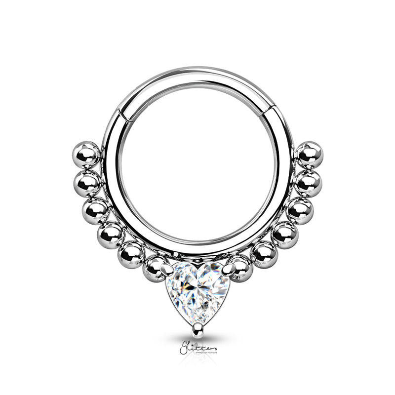 Heart CZ Hinged Segment Hoop Ring Septum, Cartilage, Daith
