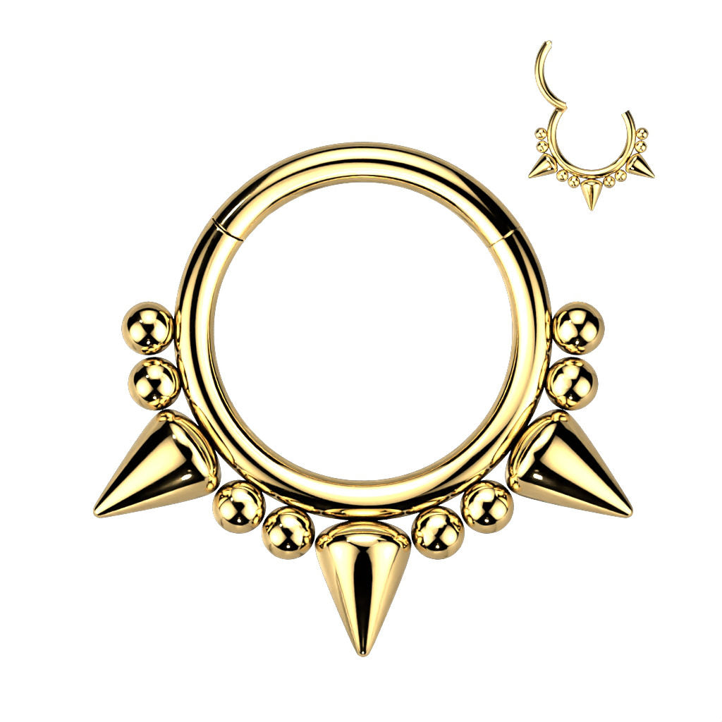 3 Spikes and Balls Hinged Segment Septum Ring-Body Piercing Jewellery, Cartilage, Cubic Zirconia, Daith, Septum Ring-NS0135-G-Glitters
