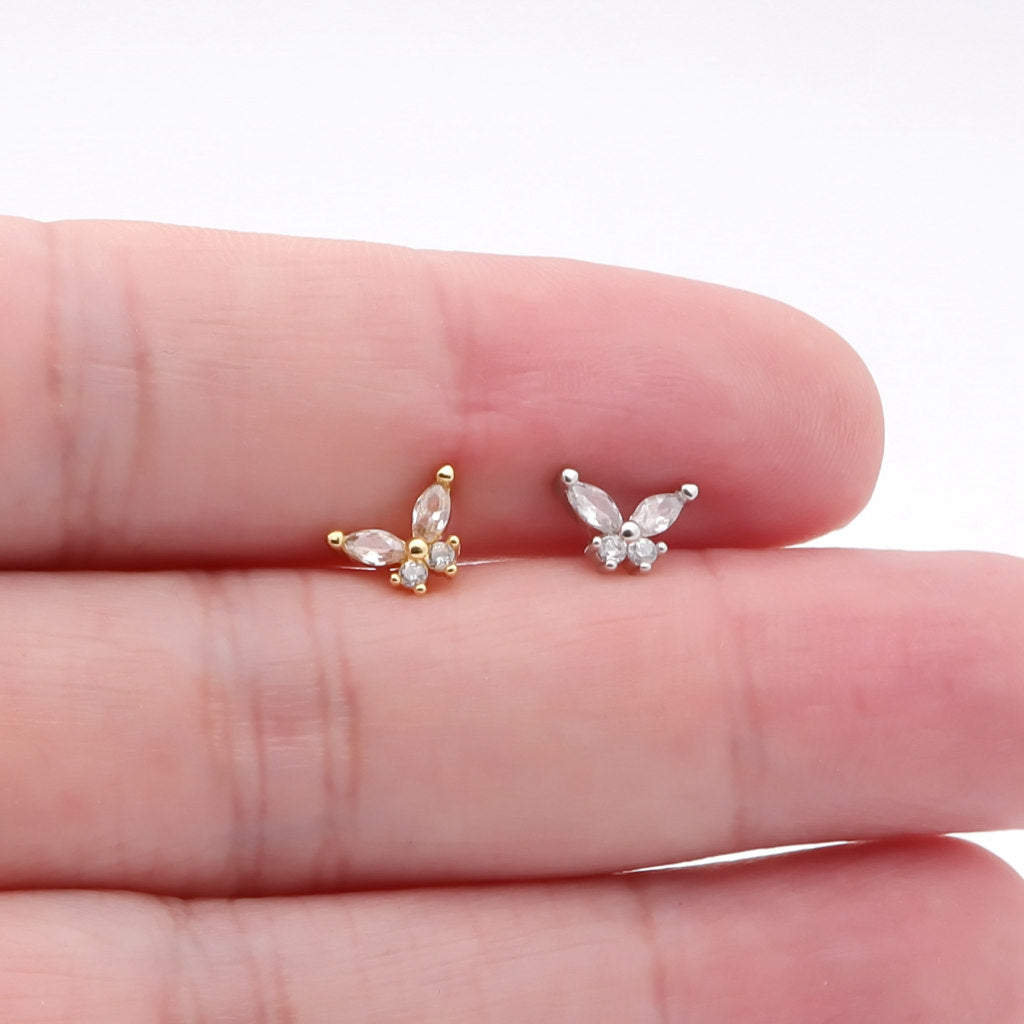 C.Z Butterfly L Bend Nose Stud - Silver-Body Piercing Jewellery, Cubic Zirconia, L Bend, New, Nose Piercing Jewellery, nose pin, Nose Studs-NS0138-1_1-Glitters