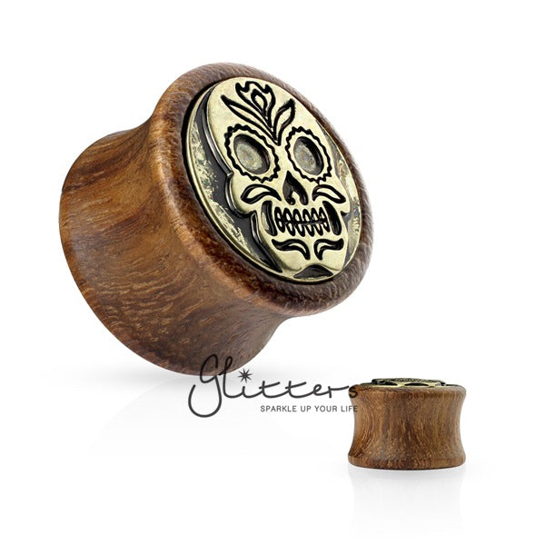 Antique Gold Plated Skull Shield Front Organic Sono Wood Saddle Plug-Body Piercing Jewellery, Plug, Tunnel-PNA4931-Glitters