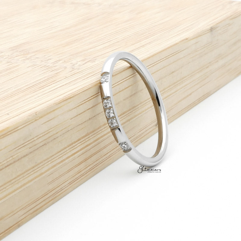 Stainless Steel 5 CZ Inlay Band Ring - Silver-Cubic Zirconia, Jewellery, Rings, Stainless Steel, Stainless Steel Rings, Women's Jewellery, Women's Rings-RG0144-1_1-Glitters