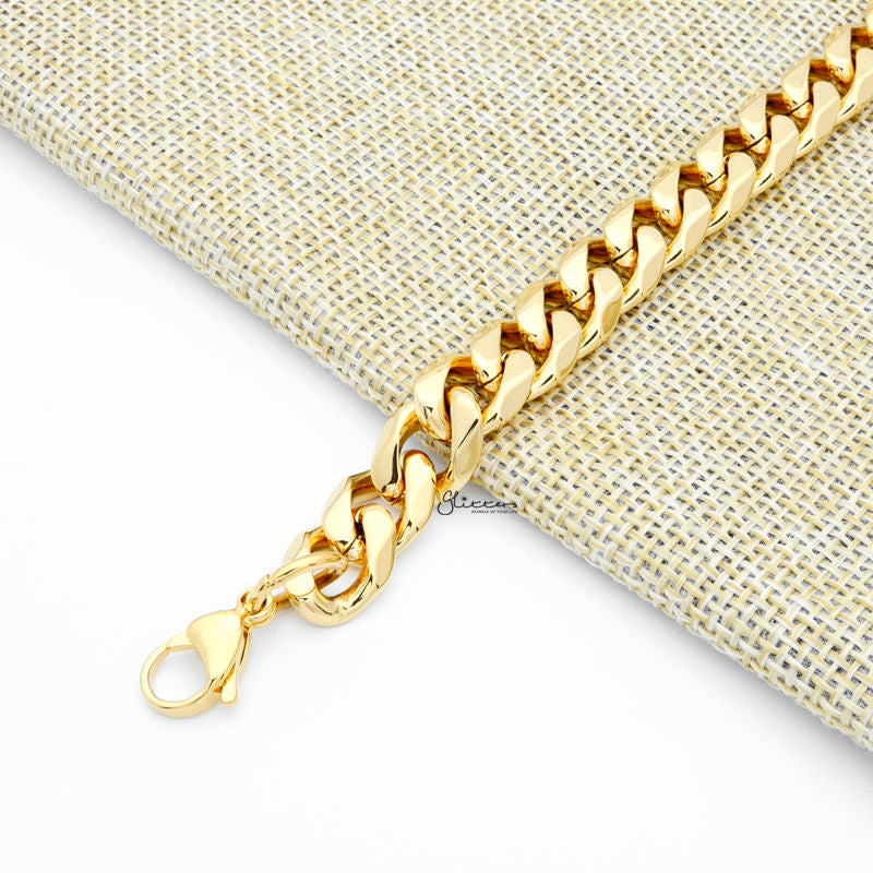 18K Gold I.P Stainless Steel Beveled Cuban Chain Bracelet - 11mm Width-Bracelets, Jewellery, Men's Bracelet, Men's Jewellery, Stainless Steel, Stainless Steel Bracelet-SB0008-2_1-Glitters