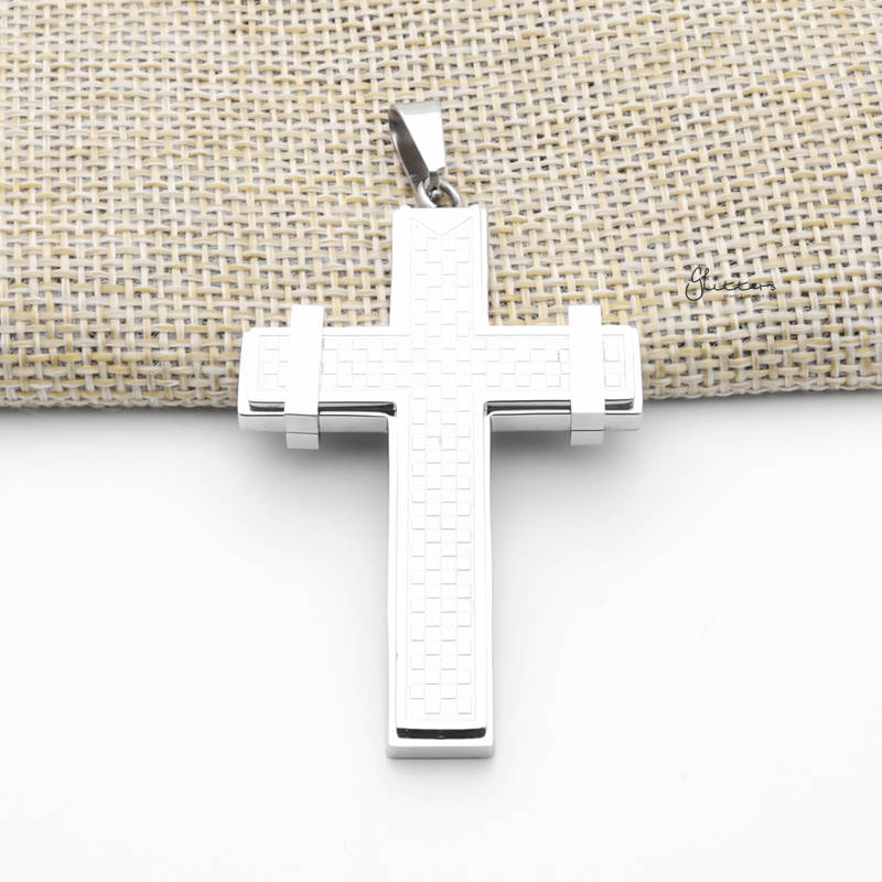 Double Layer Cross Pendant with Checkerboard Pattern-Jewellery, Men's Jewellery, Men's Necklace, Necklaces, Pendants, Stainless Steel, Stainless Steel Pendant-SP0302-1_800-Glitters