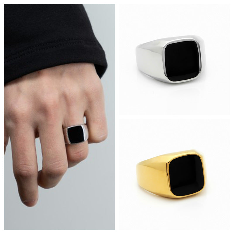 Black Square Flat Top Stainless Steel Signet Ring - Gold-Jewellery, Men's Jewellery, Men's Rings, Rings, Stainless Steel, Stainless Steel Rings-SR0307-4-Glitters