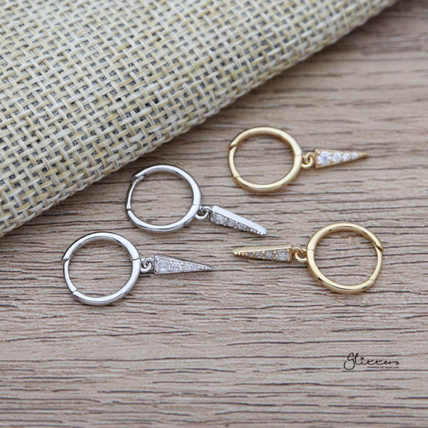 925 Sterling Silver One-Touch Hoop Earrings with Dangle C.Z Spike-Cubic Zirconia, earrings, Hoop Earrings, Jewellery, Women's Earrings, Women's Jewellery-SSE0361-ALL_600-Glitters