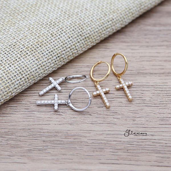 925 Sterling Silver One-Touch Hoop Earrings with Dangle C.Z Cross-Cubic Zirconia, earrings, Hoop Earrings, Jewellery, Women's Earrings, Women's Jewellery-SSE0364-ALL_600-Glitters