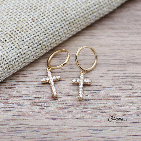 925 Sterling Silver One-Touch Hoop Earrings with Dangle C.Z Cross-Cubic Zirconia, earrings, Hoop Earrings, Jewellery, Women's Earrings, Women's Jewellery-SSE0364-G_600-Glitters