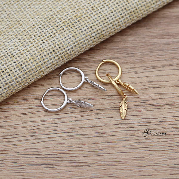 925 Sterling Silver Dangle Feather One-Touch Huggie Hoop Earrings-earrings, Hoop Earrings, Jewellery, Women's Earrings, Women's Jewellery-SSE0365-ALL_600-Glitters