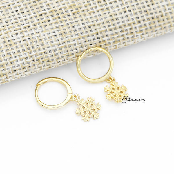 925 Sterling Silver Dangle Snowflake One-Touch Huggie Hoop Earrings-earrings, Hoop Earrings, Jewellery, Women's Earrings, Women's Jewellery-SSE0378g_600-Glitters