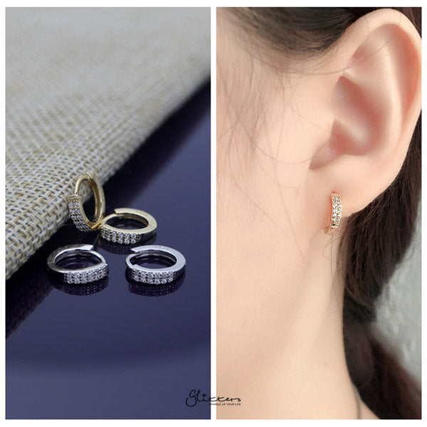 925 Sterling Silver 2 Lines C.Z One-Touch Hoop Earrings-Cubic Zirconia, earrings, Hoop Earrings, Jewellery, Women's Earrings, Women's Jewellery-SSE0384-M_600-Glitters