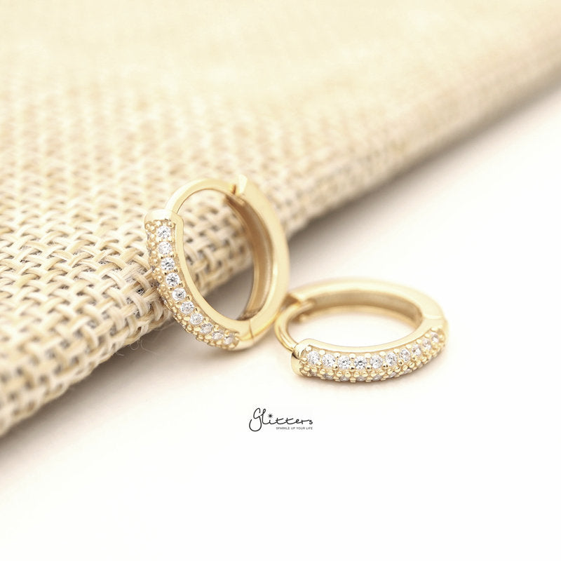 2 Lines CZ Paved Sterling Silver One-Touch Huggie Hoop Earrings - Gold-Cubic Zirconia, earrings, Hoop Earrings, Jewellery, Women's Earrings, Women's Jewellery-SSE0399-G-1_800-Glitters