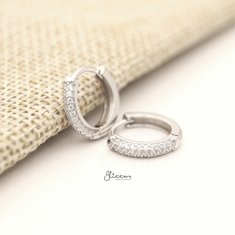 2 Lines CZ Paved Sterling Silver One-Touch Huggie Hoop Earrings - Silver-Cubic Zirconia, earrings, Hoop Earrings, Jewellery, Women's Earrings, Women's Jewellery-SSE0399-S-1_800-Glitters