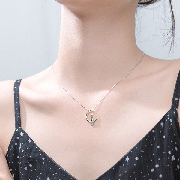 Sterling Silver Cat on the Moon Two Tone Pendant Necklace-Jewellery, Necklaces, Sterling Silver Necklaces, Women's Jewellery, Women's Necklace-SSP0171-4-Glitters