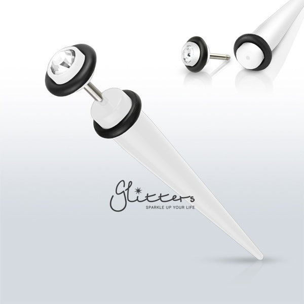 White Acrylic Fake Taper with Clear Gem on The Top-Body Piercing Jewellery, earrings, Fake Plug-TAFX03-WHC-06-Glitters