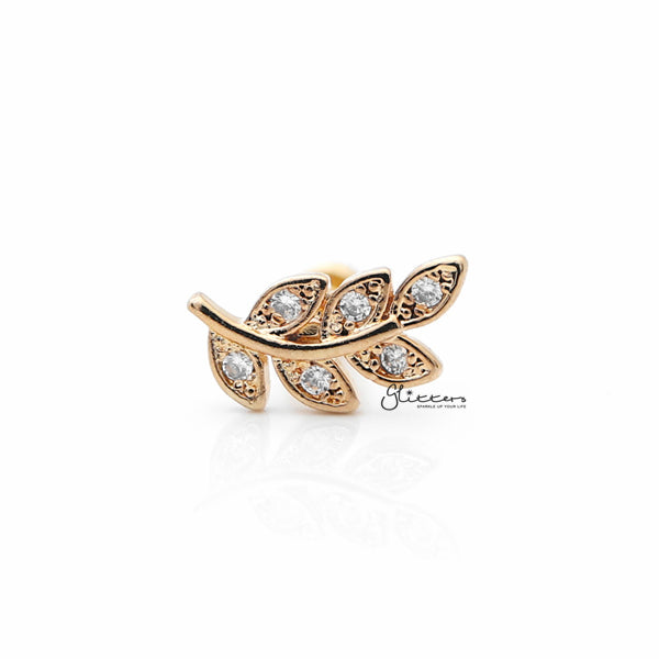 C.Z Paved Leaf Internally Threaded Top Cartilage/Tragus Flat Back Stud - Gold-Body Piercing Jewellery, Cartilage, Cubic Zirconia, Jewellery, Tragus, Women's Earrings, Women's Jewellery-TG0022G1_600-Glitters