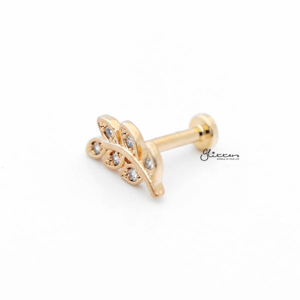 C.Z Paved Leaf Internally Threaded Top Cartilage/Tragus Flat Back Stud - Gold-Body Piercing Jewellery, Cartilage, Cubic Zirconia, Jewellery, Tragus, Women's Earrings, Women's Jewellery-TG0022G2_600-Glitters