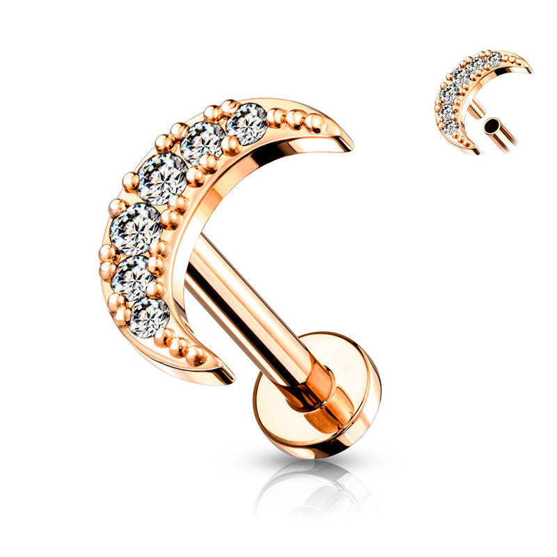 C.Z Moon Top Cartilage/Tragus Flat Back Stud - Rose Gold-Body Piercing Jewellery, Cartilage, Cubic Zirconia, Jewellery, Tragus, Women's Earrings, Women's Jewellery-1-Glitters