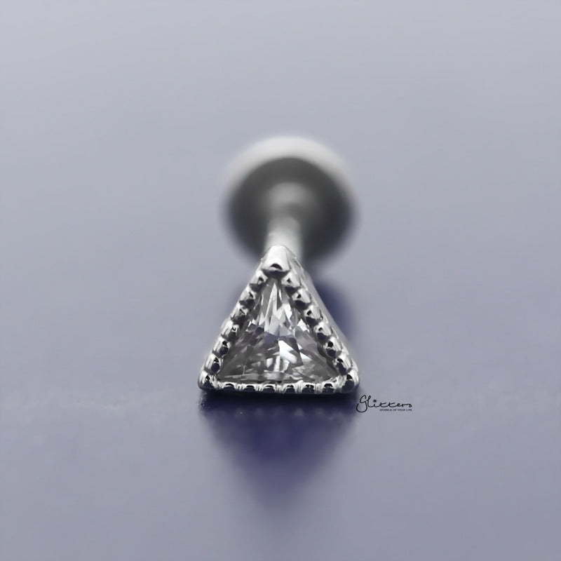 C.Z Triangle Shape Tragus Cartilage Earring - Ball End | Flat Back-Body Piercing Jewellery, Cartilage, Cubic Zirconia, earrings, Flat back, Jewellery, Tragus, Women's Earrings, Women's Jewellery-TG0073_800-Glitters