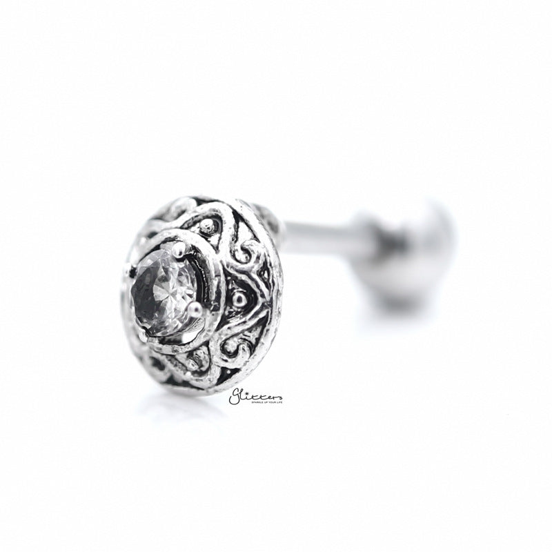 Round Tribal Pattern with C.Z Centered Tragus Cartilage Earring Stud-Body Piercing Jewellery, Cartilage, Cubic Zirconia, earrings, Jewellery, Tragus, Women's Earrings, Women's Jewellery-TG0096-2_800-Glitters
