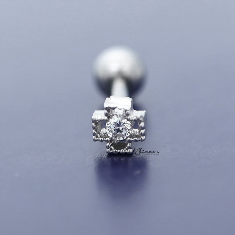 Cross with C.Z Centered Tragus Cartilage Earring Stud-Body Piercing Jewellery, Cartilage, Cubic Zirconia, earrings, Jewellery, Tragus, Women's Earrings, Women's Jewellery-TG0121_1-Glitters