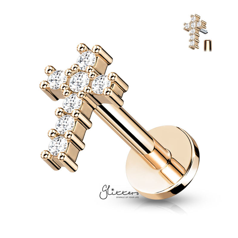 CZ Cross Tragus Cartilage Barbell Stud - Rose Gold-Body Piercing Jewellery, Cartilage, Cubic Zirconia, Jewellery, Tragus, Women's Earrings, Women's Jewellery-TG0133_1-Glitters