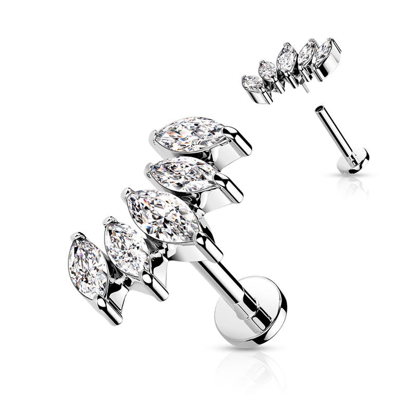 5 Marquise CZ Curved Top Flat Back Stud - Silver-Body Piercing Jewellery, Cartilage, Cubic Zirconia, Jewellery, Labret, Tragus, Women's Earrings, Women's Jewellery-TG0135-S-Glitters