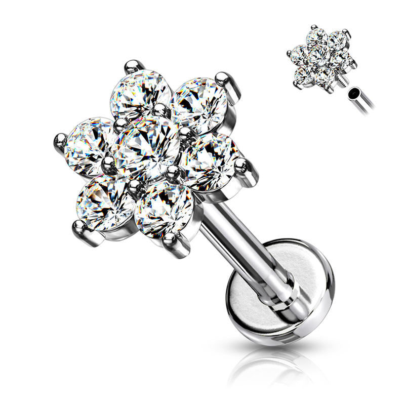 CZ Paved Flower Top Flat Back Stud - Silver-Body Piercing Jewellery, Cartilage, Cubic Zirconia, Jewellery, Labret, Tragus, Women's Earrings, Women's Jewellery-TG0136-S-Glitters