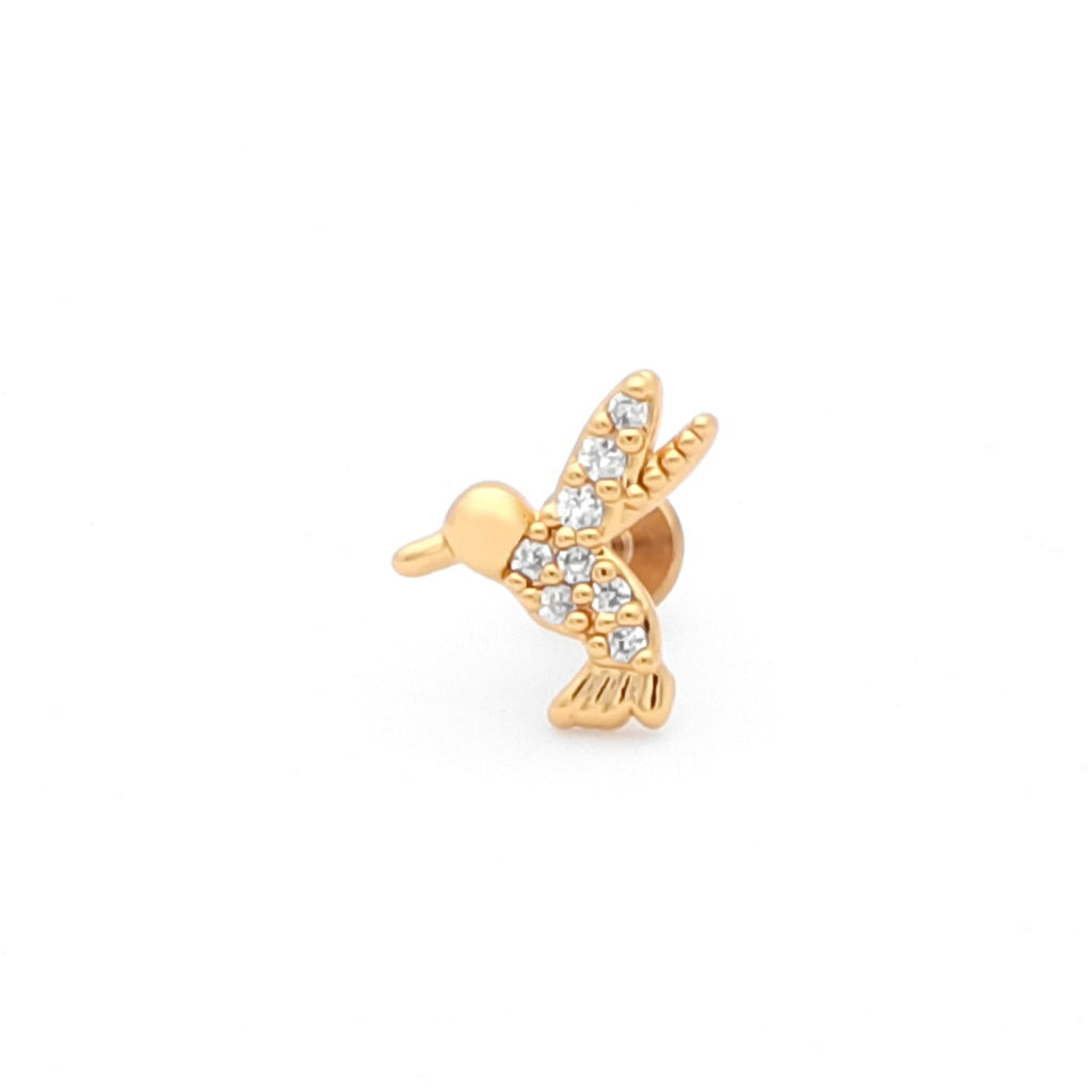 Hummingbird Top Internally Threaded Flat Back Stud-Body Piercing Jewellery, Cartilage, Cubic Zirconia, Labret, Monroe, Tragus-TG0142-G1_1-Glitters